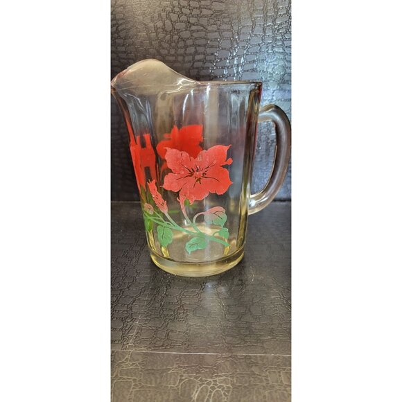 Vintage Heavy Glass Panel Red and Green Floral Pattern Tea Pitcher - Picture 3 of 9